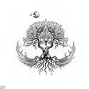 garden of Eden apple tree with the roots in the shape of wings tattoo design idea