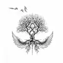 garden of Eden apple tree with the roots in the shape of wings tattoo design idea