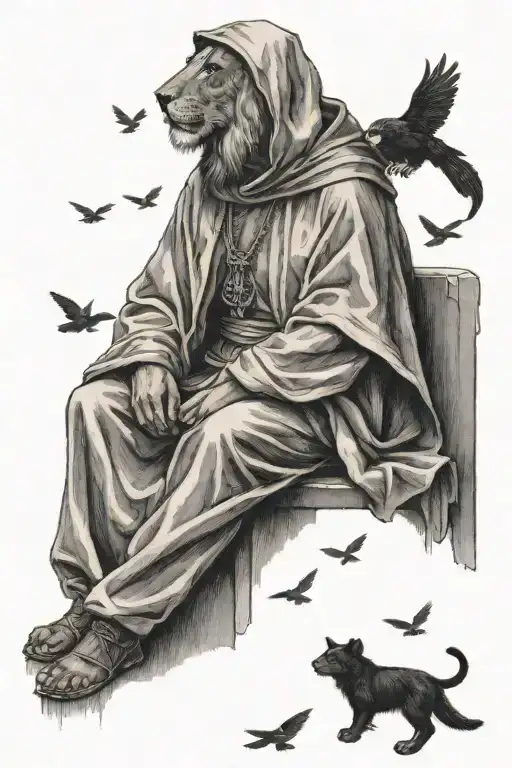 Francis of Assisi sits serenely, his hood drawn up, A lion rests at his feet and birds flying upwards to the sky   tattoo design idea