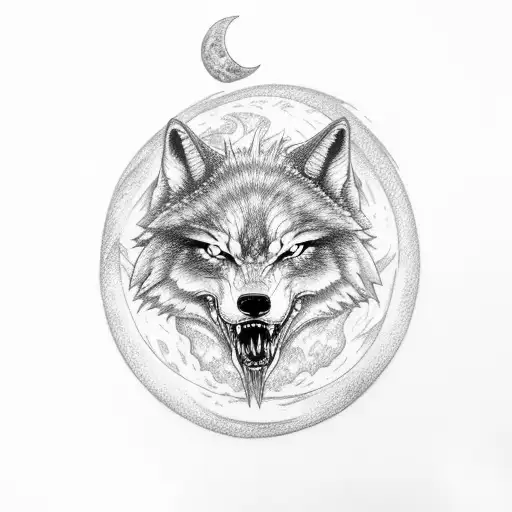 Fenrir, the monstrous wolf, howling at the moon tattoo design idea