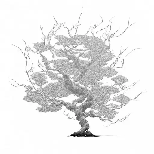 A science fiction-inspired bonsai tree with glowing branches and roots tattoo design idea