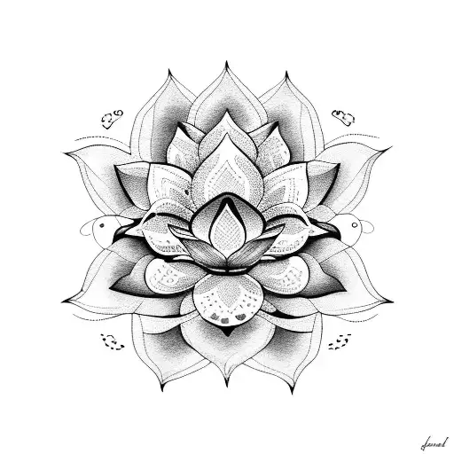 A dotwork tattoo of a lotus flower with Indonesian patterns, surrounded by musical instruments tattoo design idea