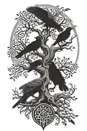 Yggdrasil tree with odin and ravens Huginn and Muninn tattoo design idea