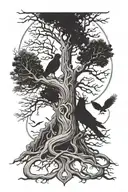 Yggdrasil tree with odin and ravens Huginn and Muninn tattoo design idea