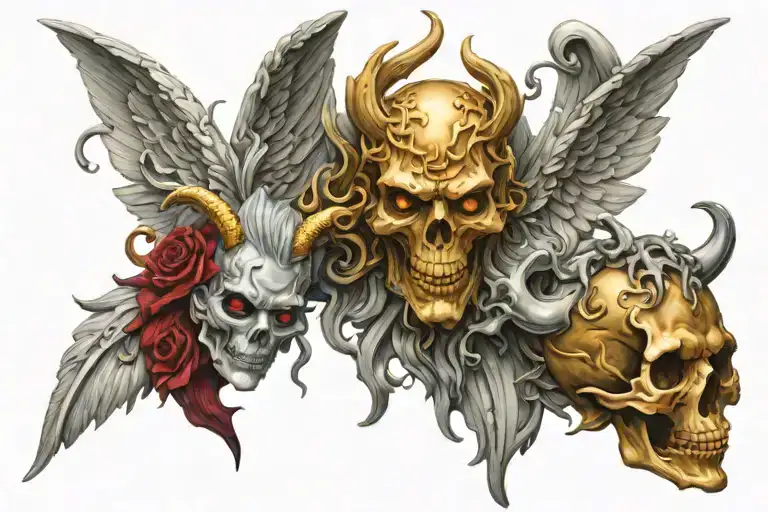 The raw design of a 3D tattoo with an angel and devil design. be flat No background. Real and real and cinematic lightin tattoo design idea