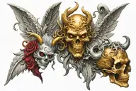 The raw design of a 3D tattoo with an angel and devil design. be flat No background. Real and real and cinematic lightin tattoo design idea