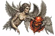 The raw design of a 3D tattoo with an angel and devil design. be flat No background. Real and real and cinematic lightin tattoo design idea