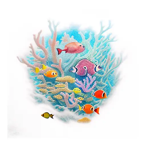 An intricate underwater scene with colorful ocean animals swimming among coral reefs tattoo design idea