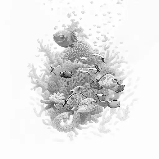 An intricate underwater scene with colorful ocean animals swimming among coral reefs tattoo design idea