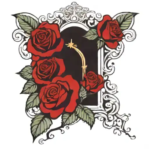 a church with roses and leaves at the bottom that will be placed above the knee tattoo design idea