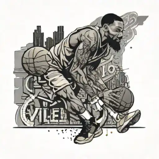 Create a tattoo design of a basketball player dribbling a basketball with 'ville to ville' written in a stylish font, surrounded by stacks of money and a PS5 controller floating in the background tattoo design idea