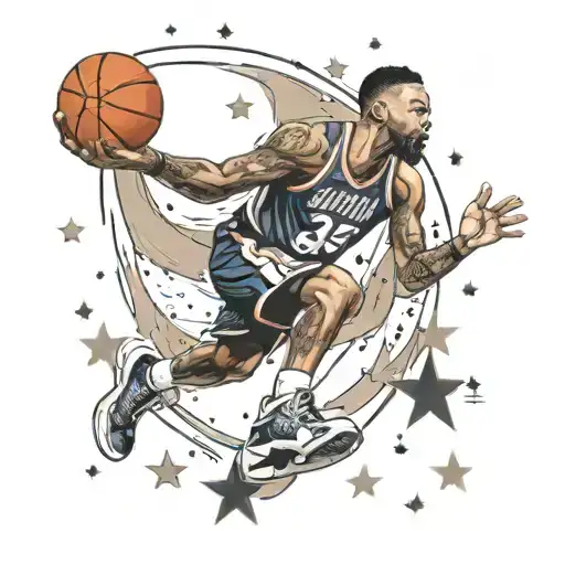 Create a tattoo design of a basketball player dunking a basketball with a PS5 controller in his hand, surrounded by stars and the number '316' hidden in the background tattoo design idea