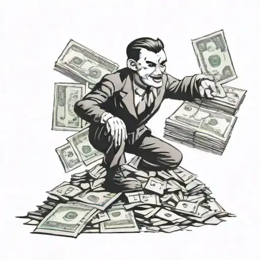 An eerie action figure standing on a pile of money with the number 316 carved into the ground tattoo design idea