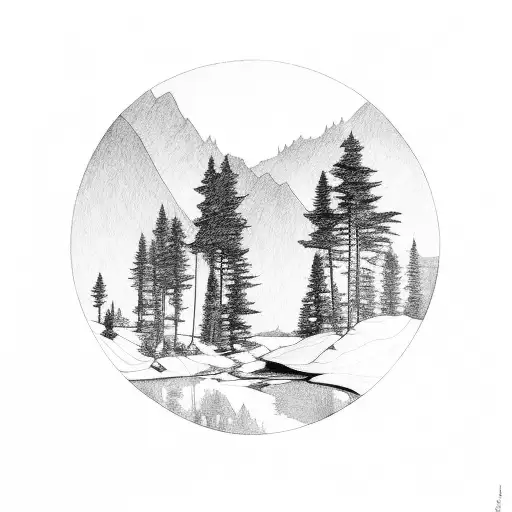 mountains, trees, stream, big foot tattoo design idea