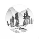 mountains, trees, stream, big foot tattoo design idea