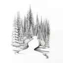 mountains, trees, stream, big foot tattoo design idea