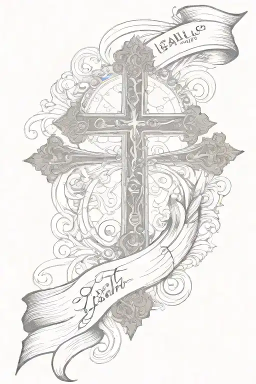 A symbolic tattoo of a cross with a banner containing the scripture verse Isaiah 41:10 flowing around it tattoo design idea