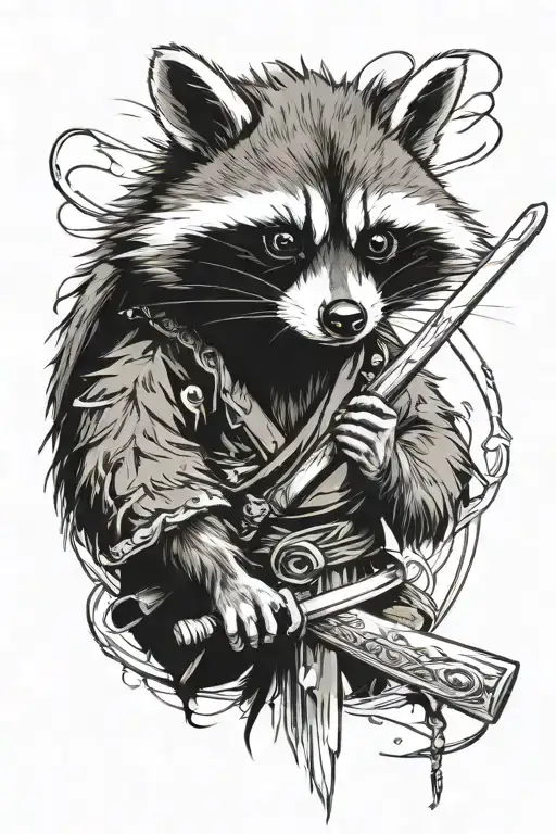 aggressive raccoon in the style of anime characters with a samurai sword tattoo design idea