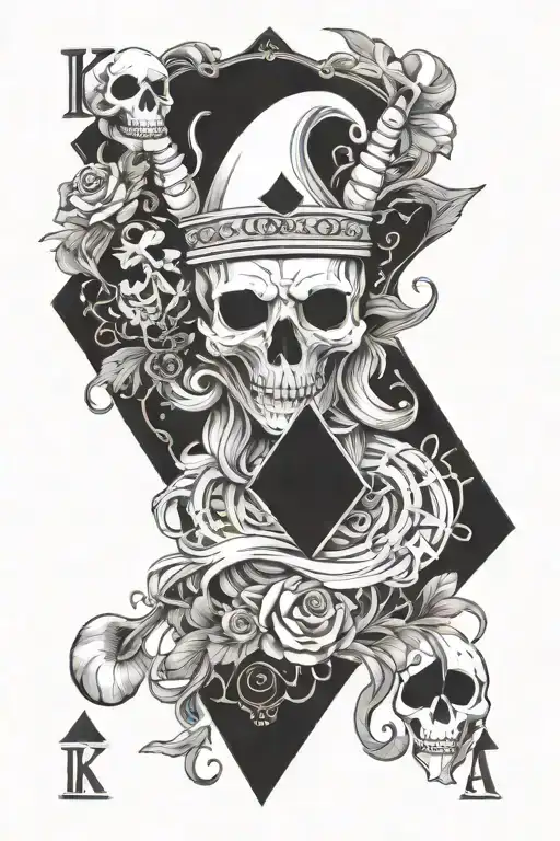 The king of spade card from the deck, on the top there is a plague mask and on the bottom there is a skull of a goat tattoo design idea