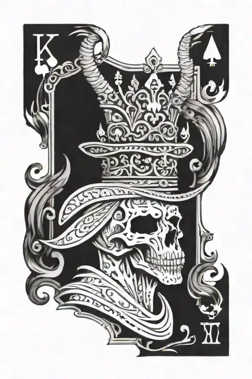 The king of spade card from the deck, on the top there is a plague mask and on the bottom there is a skull of a goat tattoo design idea