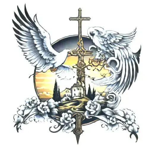 cross on a hill, doves an angel  tattoo design idea