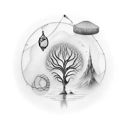 A surreal tattoo of a willow tree morphing into a fishing net filled with gage items tattoo design idea