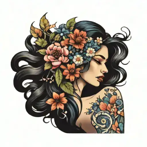 Mother Nature tattoo with beautiful flowing hair, earth in her hands with a pretty mandal and flowers tattoo design idea