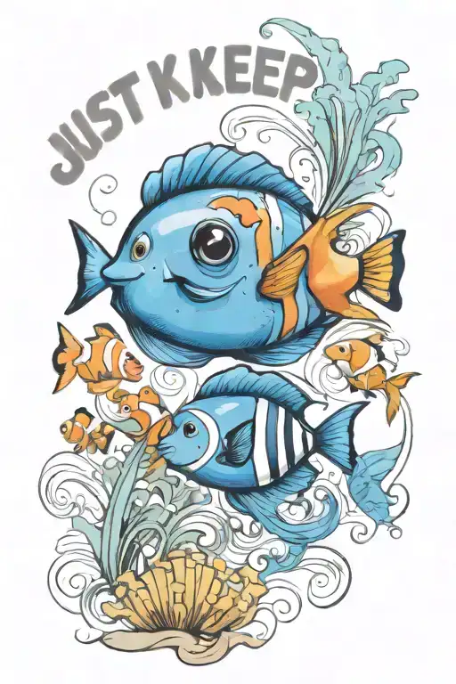 a Blue tang and a clown fish with the words "Just keep swimming" tattoo design idea