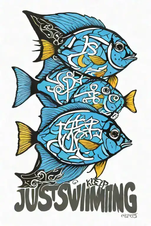 colorful Blue tang with the words "Just keep swimming" tattoo design idea