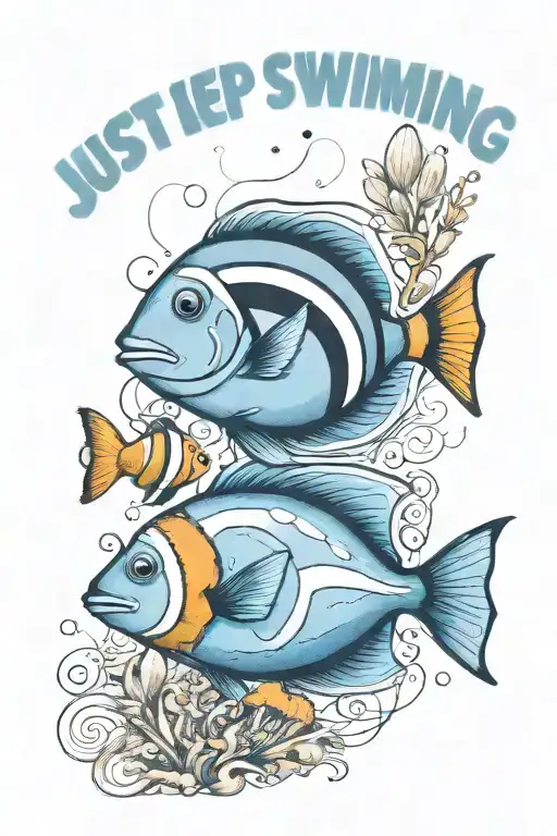 a Blue tang and a clown fish with the words "Just keep swimming" tattoo design idea