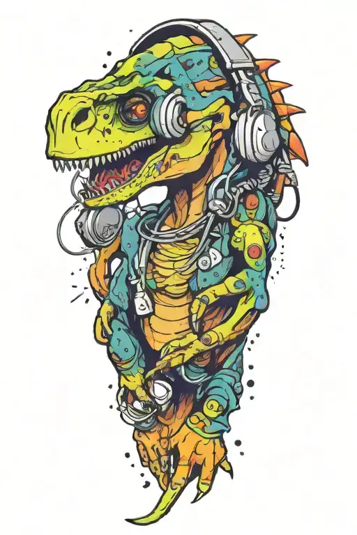 dinosaur wearing headphones meteor shower tattoo design idea