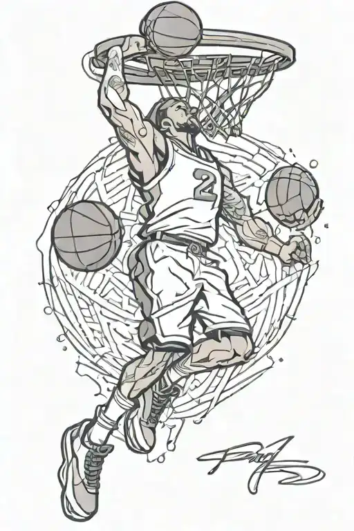 A dynamic tattoo design featuring a basketball player dunking a pokeball into a hoop, symbolizing the client's love for sports and pokemon tattoo design idea