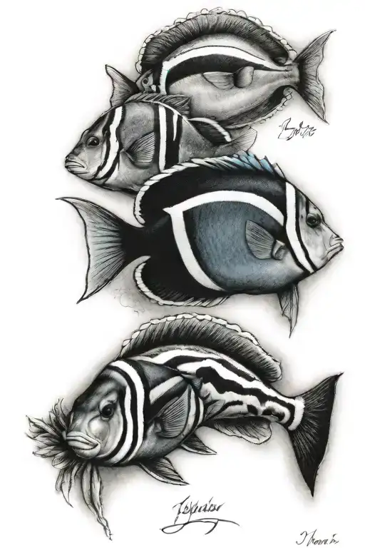 a Blue tang and a clown fish with the words "Just keep swimming" tattoo design idea