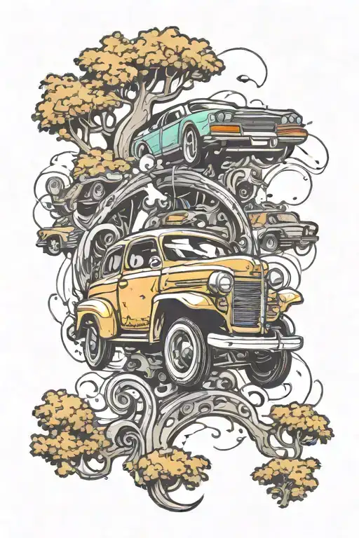 Car racing through forrest with magic surround it and music playing, back of leg  tattoo design idea