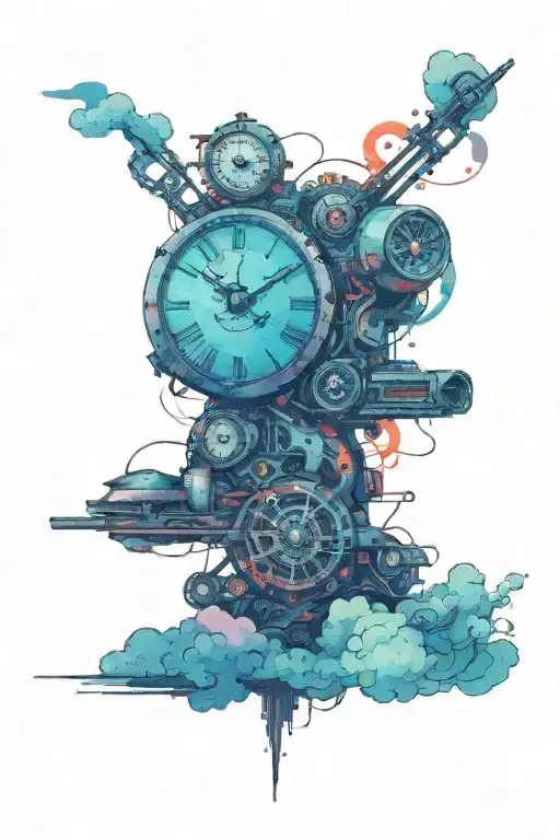 colorful Time machine with clouds fading into the distance tattoo design idea