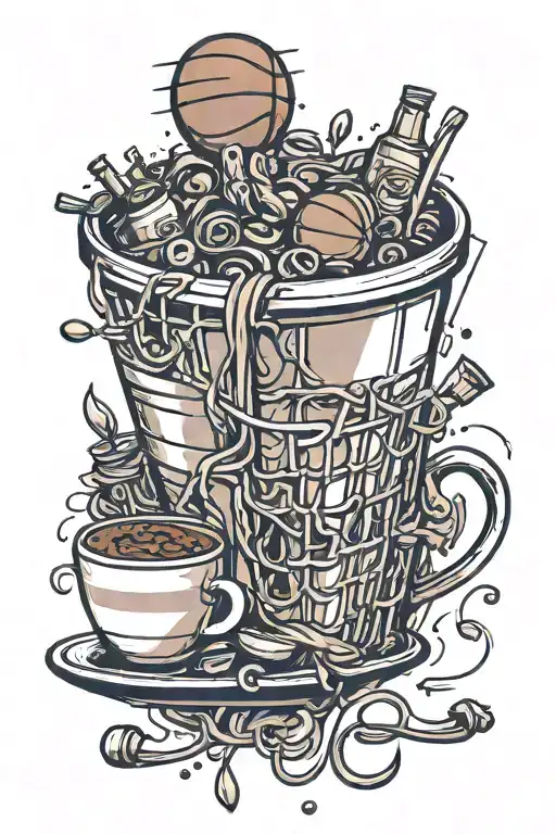 A tattoo of a basketball hoop made of coffee cups and food items, symbolizing your love for basketball and caffeine tattoo design idea