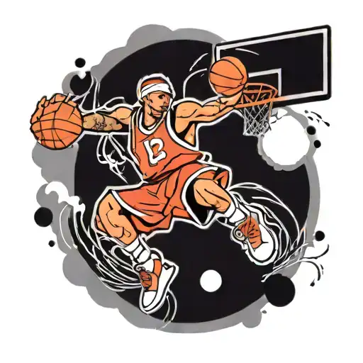 A dynamic tattoo design featuring a basketball player dunking a pokeball into a hoop, symbolizing the client's love for sports and pokemon tattoo design idea