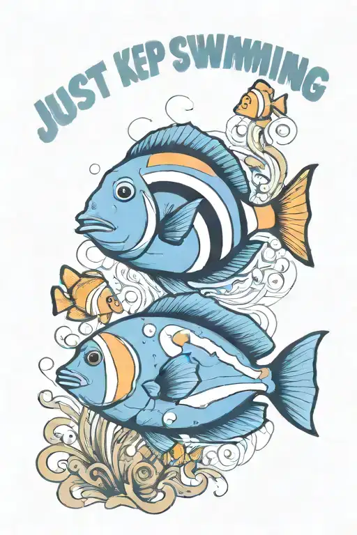 a Blue tang and a clown fish with the words "Just keep swimming" tattoo design idea