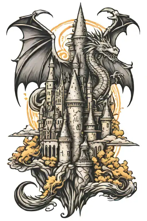 hogwarts castle and a dragon flying on a sunny day tattoo design idea