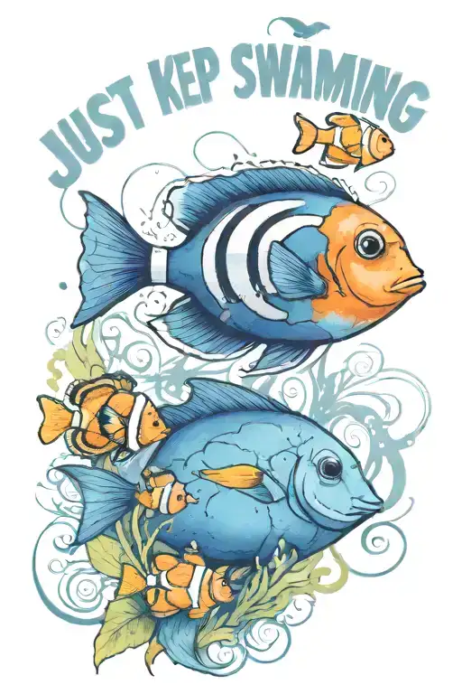a Blue tang and a clown fish with the words "Just keep swimming" tattoo design idea