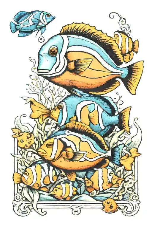 a Blue tang and a clown fish with the words "Just keep swimming" tattoo design idea