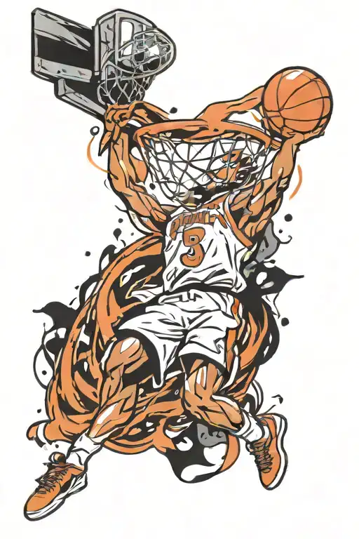 A dynamic tattoo design featuring a basketball player dunking a pokeball into a hoop, symbolizing the client's love for sports and pokemon tattoo design idea