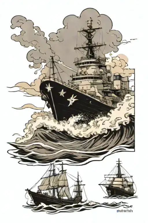 Tug boat pulling an aircraft carrier battling powerful waves tattoo design idea