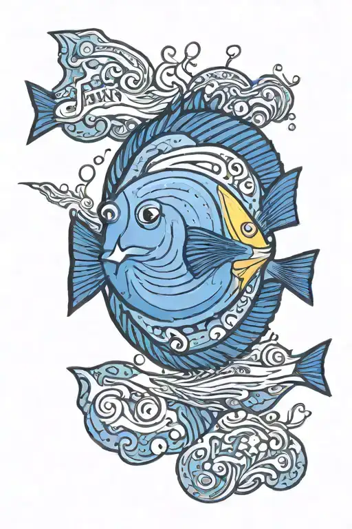 colorful Blue tang with the words "Just keep swimming" tattoo design idea