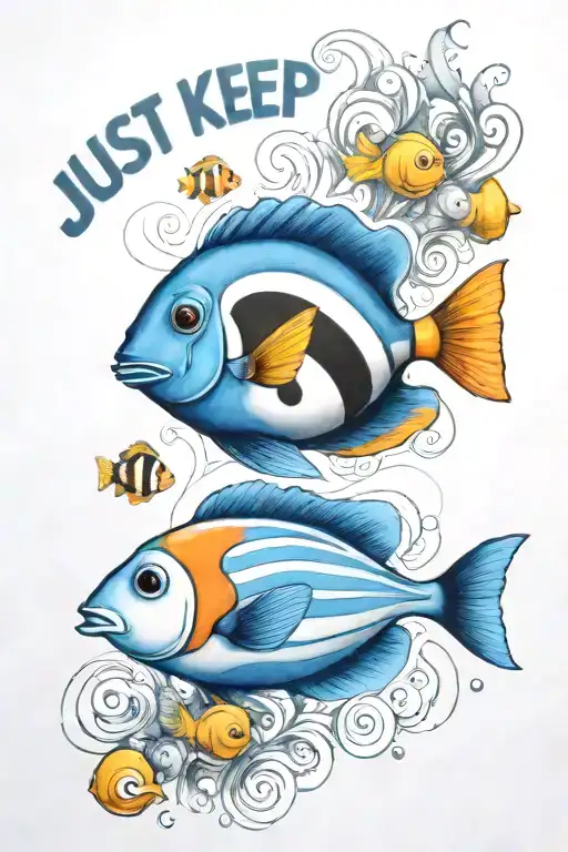 a Blue tang and a clown fish with the words "Just keep swimming" tattoo design idea