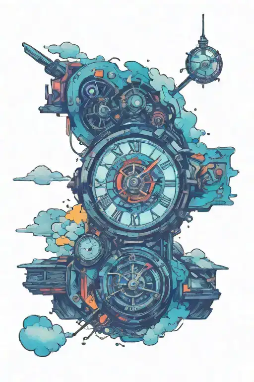 colorful Time machine with clouds in the distance tattoo design idea
