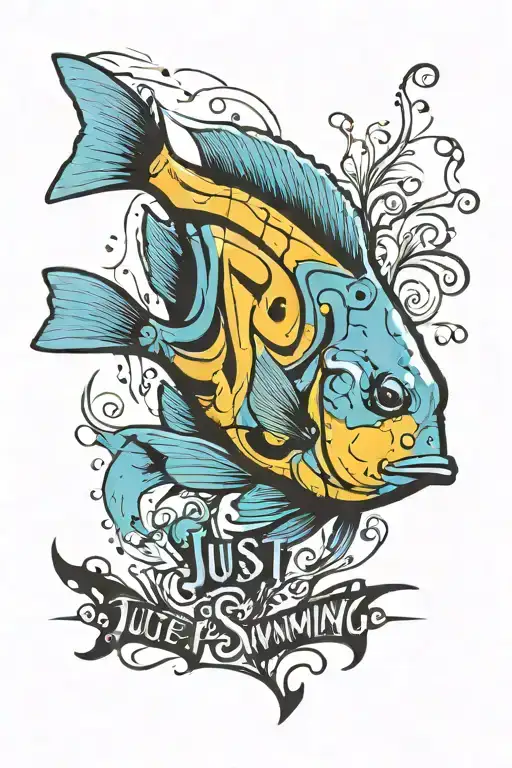 Blue tang with the words "Just keep swimming" tattoo design idea