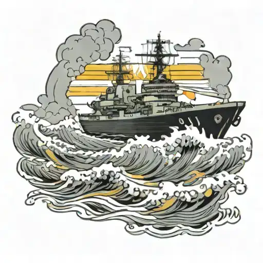 Tug boat pulling an aircraft carrier battling powerful waves tattoo design idea
