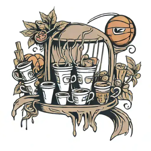 A tattoo of a basketball hoop made of coffee cups and food items, symbolizing your love for basketball and caffeine tattoo design idea