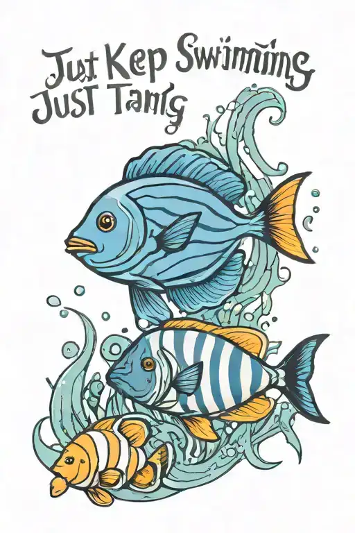 a Blue tang and a clown fish with the words "Just keep swimming" tattoo design idea